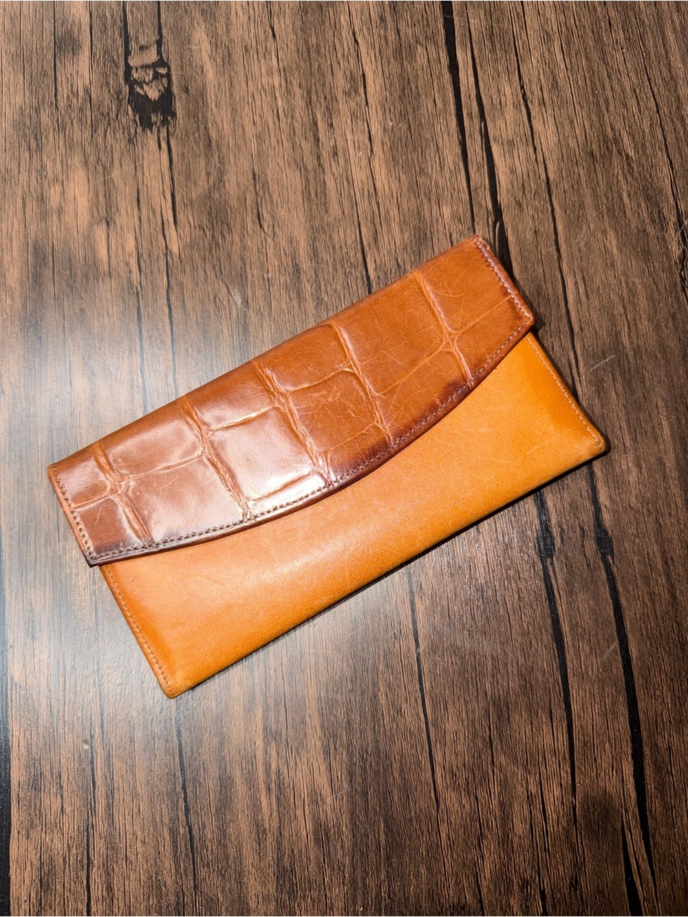 Vintage Princess Gardner Leather Checkbook Clutch Wallet Tan Cognac Croc Flap